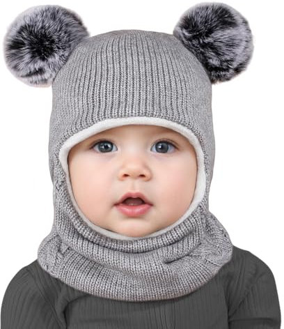 Roysmart Kinder Wintermütze, Schlupfmütze Baby, Wintermütze Mädchen Jungen Warm Strickmütze mit Pompom, Schlupfmütze Balaclava Thermische Kapuzenschal Niedlich Wintermütz für Babys Kinder