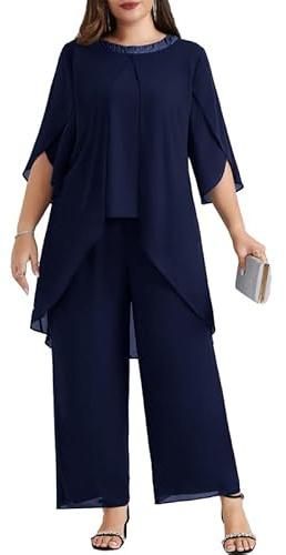 Hanna Nikole Traje de noche de gasa para mujer, tallas grandes, traje elegante de dos piezas, traje festivo para invitadas de boda, fiesta de cóctel, moda de noche, lentejuelas, cuello redondo y