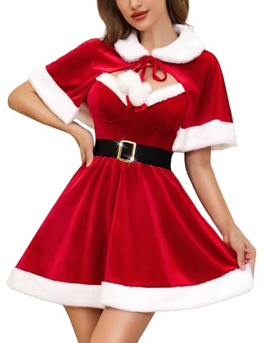RSLOVE Disfraz de Sra. Claus para Mujer - Vestido de Lencería Navideña Babydoll Sexy de Santa con Capa, rosso, L