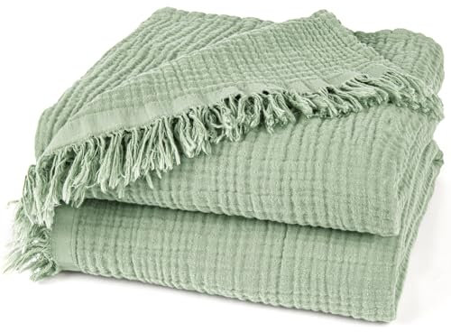Pure Label Musselin Decke 220x240cm - Oeko-Tex zertifizierte Tagesdecke aus 100% Baumwolle | Musselin Wohn- & Kuscheldecke für Couch und Sofa in XXL | 220 x 240 cm, Farbe der Decke Grün