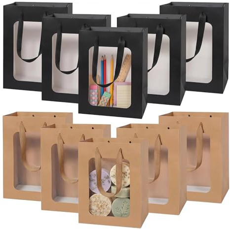 Elegante Geschenktüten mit Fenster & Henkel 10er Set (15x10x20cm) - Blockbodenbeutel aus Kraftpapier für Small Business, Giveaways, Gastgeschenke, DIY Basteln - Schwarze & Braune Papiertüten Stabil