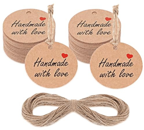 Ymapinc Lot de 100 étiquettes faites à la main avec étiquettes d'amour, ficelle en carton (20 m) pour étiquettes de bougie, mariage, anniversaire, fête, cadeaux - Jaune