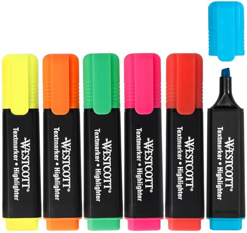 Westcott highlighter markers 6-piece mix | Set of 6 highlighters in bright colours | 2-5 mm line width | Premium ink from Germany | E-744251 00