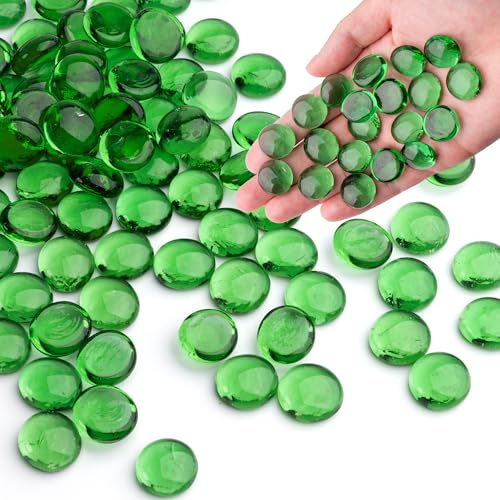 Gröna glaskulor, 0,44 kg genomskinliga och släta platta glaspärlor för vaser, mosaikädelstenpärlor för akvariedekor, blomsterarrangemang, Mancala-stenar, vasfyllare och hantverk (ca. 80–100 st)