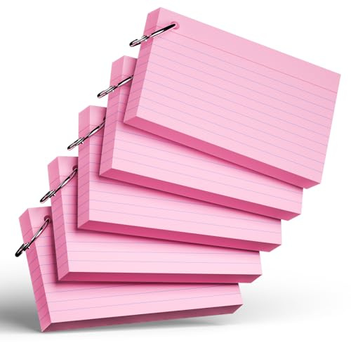250 Count Pink Index Cards with Ring 3 x 5 Inch Heavyweight Ruled Index Cards, Flash Cards for Office & School Supplies and Home Organization, Durable Study To Do List Note Cards with Ruled Lines