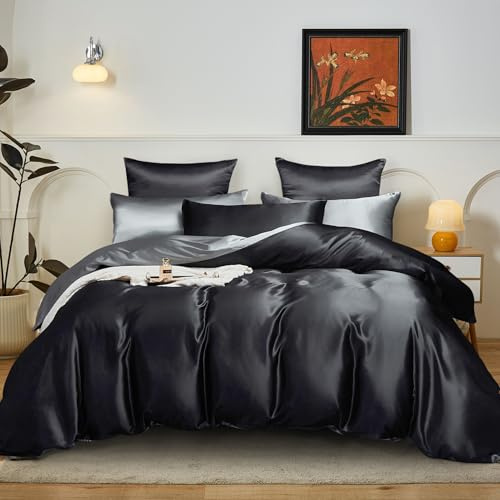 YASMENG Ropa de cama de satén de 200 x 220 cm, color negro y gris oscuro, reversible, funda nórdica de seda lisa y brillante, suave, sedosa, ropa de cama de 3 piezas con cremallera y 2 fundas de