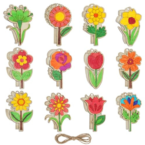 FALSKT 24 Pièces Fleur en Bois pour Activité Manuelle Enfant, 12 Styles Rondin de Bois avec Corde de Chanvre 2m pour Bricolage et Peindre Décoration de Noël