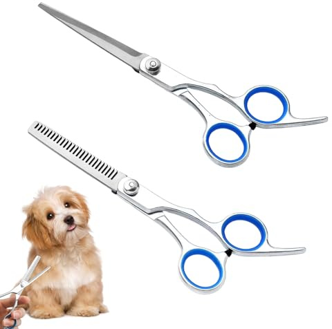 2PCS Dog Grooming Scissors Set with Safety Round Tips,Stainless Steel Dog Scissors Set,Pet Grooming Shears,Pet Grooming Kit for Dogs Cats,for Face Ear Nose Paw Hair Trimming(Blue)