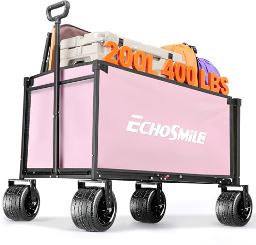 EchoSmile Bollervagn, vikbar 200 l, 180 kg, lastbil, handvagn, transportvagn, vikbar med justerbart handtag, breda hjul, terrängfordon, strandvagn, trädgårdsvagn, shoppingvagn, rosa