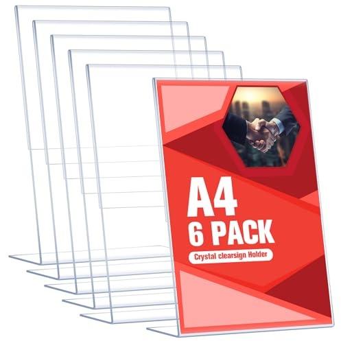 Acrrynii Lot de 6 Présentoir de Table A4, Presentoir Plexiglas A4 en Forme de L Incliné, Porte Affiche en Acrylique Transparent, Support A4 pour Menu, Publicité, Restaurant, Hôtel, Bureau, Magasin