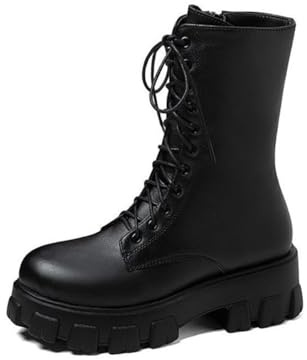Edelaura Bottes Rondes Gothiques Punk Féminines Unies à Talon Bloc D'hiver Décontractées avec Fermeture Éclair et Lacets Bottes de Moto à Plateforme Antidérapantes Mode