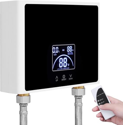 Calentador de Agua Instantáneo, 5500W Calentador Eléctrico con Pantalla LED, Mini Calentador 230V para Cocina y Ducha Baño, Sin Enchufe, Resistente a la Presión, Calentamiento Rápido, Impermeable IPX4