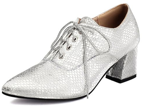 Eestfy Zapatos Oxford de Punta Fina Mujer Estampado de Serpiente Oro Metálico Tacón de Bloque con Cordones,Plata,39 EU