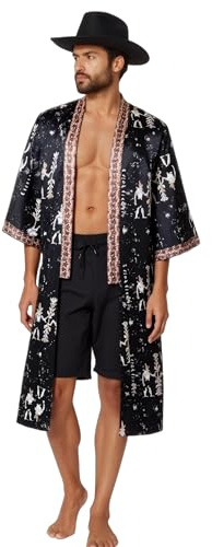 BABEYOND Houndstooth Kimono Herrbademantel - Lång Siden Slaapmantel Mäns Nattkläder Satin Morgonrock Robe Mode Badrock, svart, L