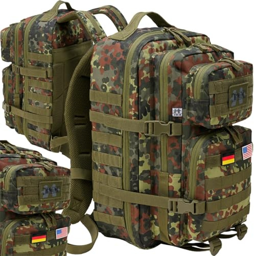 BWuM US Assault Pack Cooper Rucksack + Patch & Flaggen (Flecktarn, Xlarge (70l))