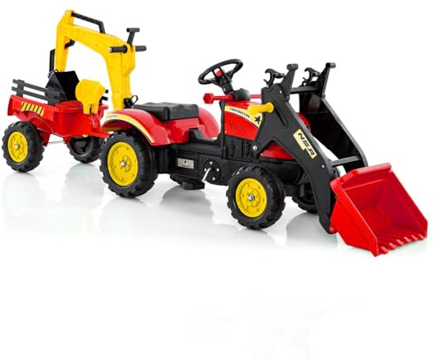 COSTWAY Tractor Pedales 3 en 1 para Niños, Topadora de Juguete con 6 Ruedas, Excavadora de Conducción con Pedales, Remolque de Carga Desmontable, Coche para Niños de 3 a 6 Años (Rojo)