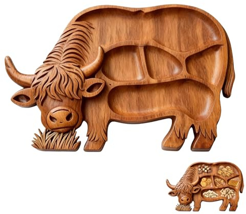 Highland Cow Wooden Charcuterie Board with Compartments Cute Animal Highland-Cow Shaped Jigsaw Serving Boards Kitchen Highland Cattle Food Tray Platter for Snack Fruit Meat Cheese