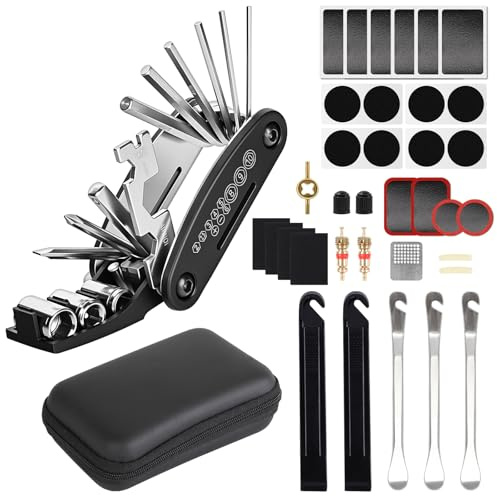 Ninonly Kit Reparation Velo avec Outils Multifonctions 16 en 1 Complet | Kit Réparation Vélo avec Sac EVA,Capuchons de Valve,Râpe Métallique,Rustines Autocollantes,Démonte-pneus,pour VTT, Route