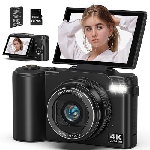 4K Digitalkamera, 64MP Kamera fotokamera mit 3 180° Klappbarem Display für Selfies, Autofokus, 1500mAh Akku,18X Digitalzoom 16 Filter Tragbare Kompaktkamera für Anfänger YouTube Jugendliche