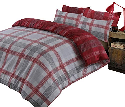 Dreamscene Boston Check Duvet Cover with Pillow Case 100% Brushed Cotton Flannelette Reversible Tartan Bedding Set, Red Grey Silver, Double