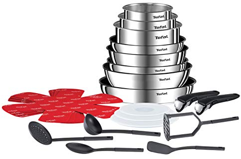 Tefal Ingenio Emotion Batterie Cuisine 22 Pièces, Poêles, Casseroles, Couvercle Hermétiques, Sauteuse, Poêle, Wok, 5 Spatules Bienvenue, 4 Protège-poêles, 2 Poignées, Induction L925SM14