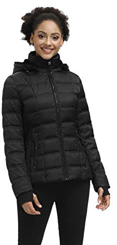 SLOW DOWN Women Down Puffer Jacket Warm Hooded Winter Down Puffer Coat with Faux-Fur Hood & Collar (Black, L)