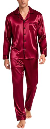 SWOMOG Satin Pyjamas Mens Pyjama Set Long Sleeve Button-Down Sleepwear Soft and Comfortable Silk Pjs Wine Red
