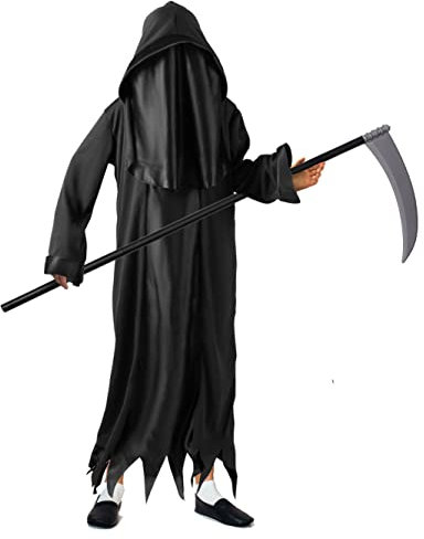 Kids Grim Reaper Costume 2 Piece Set- Long Black Hooded Cape and Plastic Scythe Weapon - World Book Day, Fancy Dress, Halloween Costume for Kids (Large)