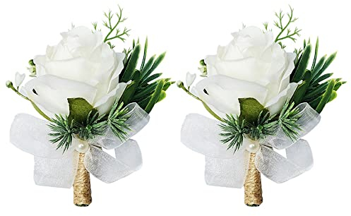 yufana 2 Stück Boutonniere Rose Weiß,Hochzeit Boutonniere Handarbeit Boutonniere Hochzeit Rose Corsage Knopfloch Blumen Künstliche,für Bräutigam Herren Braut Frauen