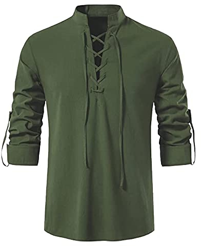YAOHUOLE Linen Shirt Men Classic Medieval Lace Up Long Sleeve Retro Viking Tops Pirate Costume Scottish Ghillie Shirt