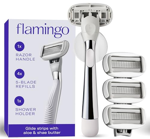 Flamingo Rasierer mit 5 Klingen für Frauen - 1 Rasiergriff + 4 5-Klingen-Nachfüllungen + 1 Duschhalter - Chrom