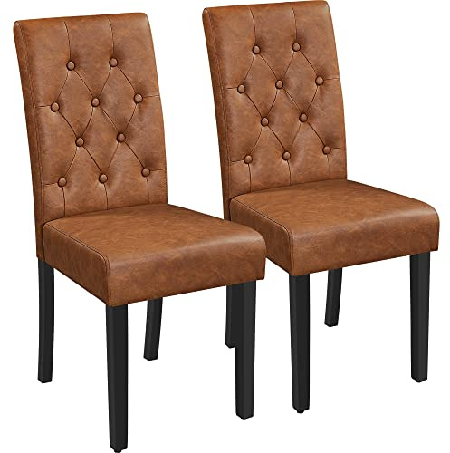 Yaheetech Modern Dining Chairs Set of 2 Kitchen Chairs Faux Leather with Solid Wood Legs Button Tufted Backrest for Dining Room and Home, Retro Brown