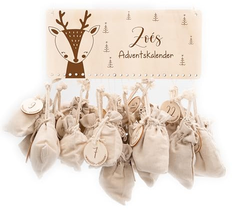 KIDSMOOD - Personalisierter Adventskalender 2025 für Überraschungen, Adventskalender zum Befüllen, DIY Weihnachtskalender mit Geschenktüten & Holzzahlen - Praktische Weihnachtsdeko