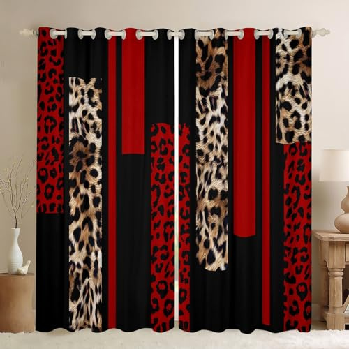 Leopard Print Blackout Curtains,Abstract Wlid Cheetah Skin Rustic Window Drapes for Girls Women,Geometric Stripes Patchwork Fashion Red Brown Window Treatments Grommet Top 2 Panel Set,38Wx54L inch