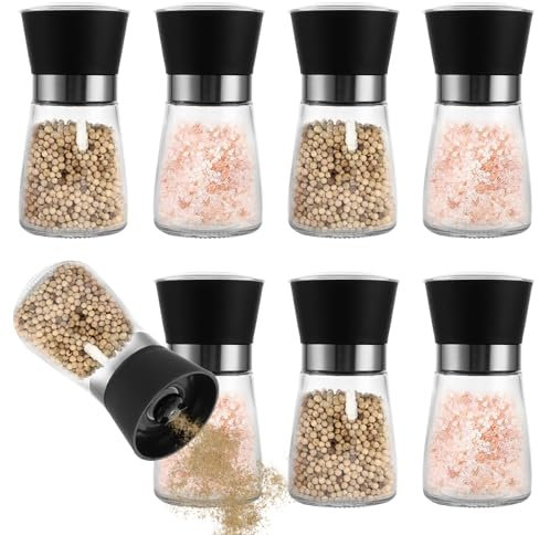 LDXDRU 8 macinasale e pepe con meccanismo regolabile in ceramica, macina spezie, pepe e macina sale in ceramica, piccolo vetro macinapepe in acciaio inox, senza contenuto di spezie