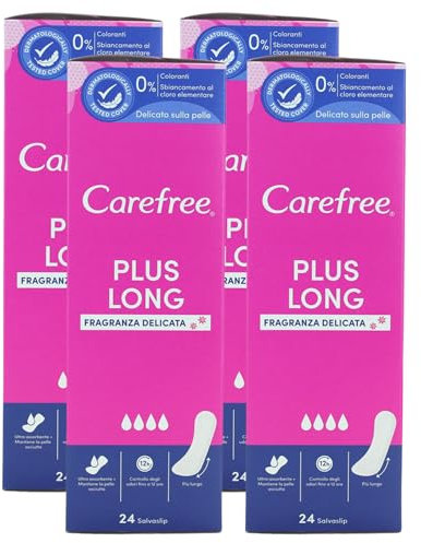 Salva Slip PLUS LONG, Fragranza Delicata. Ultra Assorbente, Mantiene La Pelle Asciutta. Controllo Degli Odori Fino a 12 Ore, Più Lungo (Confezione Da 24 Salvaslip) (4 Confezioni)