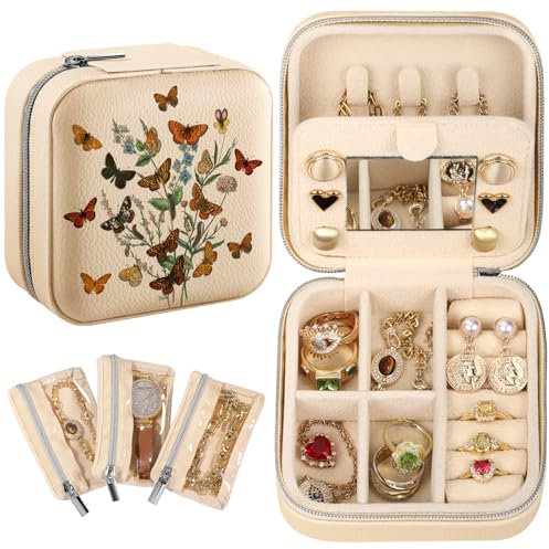 Bistup Travel Jewelry Case - Small Jewelry Organizers and Storage Box for Women Girls Teens Cute Traveling Jewelry Holder with Mirror Little Tiny Compact Flower Modern Unique Aesthetic Pretty