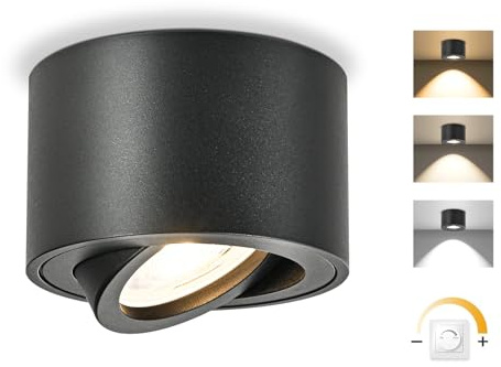 GeyouLux LED byggspotlights dimbar, Ø 80 x 50 mm takspotlights svart rund 1 st | Extra platt och 30° vridbar, inkl. 5 W 500 LM LED-modul 230 V, 3 000 K/4000 K/6500 K bygglampa ytmonterad spotlight