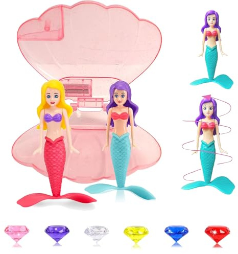 CUVZORA Lot de 2 jouets de plongée sirène pour enfants – Lot de 2 avec coquillage et 6 pierres scintillantes, jouets de bain pour piscine, baignoire et entraînement sous-marin, jouets pour enfants à