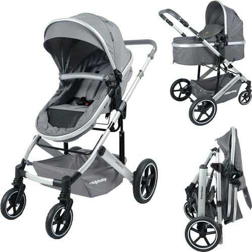 RichBaby Cruise Pramette - Reversible Seat, 2-in-1 Pram and Stroller, from Birth to 3 Years (15kg), Large Canopy, Easy Fold, Adjustable Handle, Stroller with Footmuff - Grey