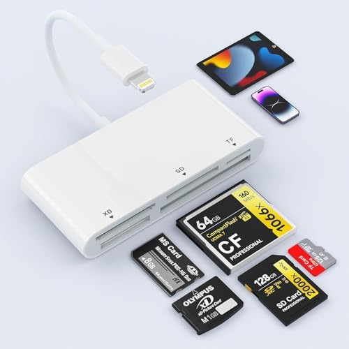 SD-kortläsare för iPhone, 5-i-1 Multi iPhone minneskortläsare för XD, CF, SD, TF, MS-kort, SD-minneskortläsaradapter för iPhone 14/14 Pro/14 Pro Max/13/12/iPad, Plug and Play