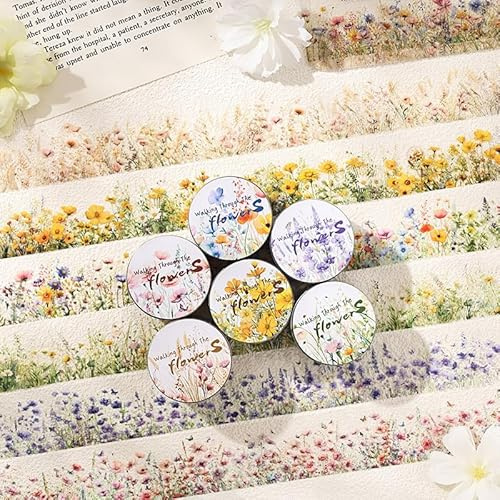Kesari PET Washi Tape Lot de 6 rouleaux d'autocollants pour scrapbooking Thème fleur Décoration pour accessoires de journal, album photo (Flower Road)