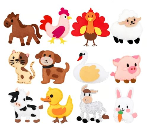 Rusokufo Set de Costura 14 en 1 para Niños Desde 6 Años, Kit DIY Animales de Granja de Fieltro, Manualidades para Principiantes, Regalo de Cumpleaños para Niños y Niñas