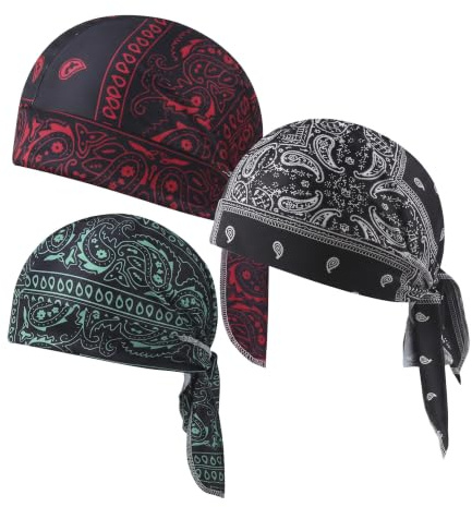 Durdiiy Paisley Cooling Head Scarf Bandana Cap 3 Pack, Breathable Moisture Wicking Head Wrap, Adjustable Helmet Liner Pirate Bandana for Cycling, Motorcycle, Running and Outdoor Sports, Unisex