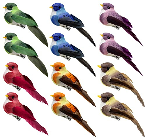 LWINGFLYER Fake Birds Clip on Artificial Bird Ornaments for Crafts & Decoration, 3.5-Inch Small Colorful Foam Feather Sparrow for Christmas Tree Wreath Garlands Decor Party Decorations (Clip 12pcs)