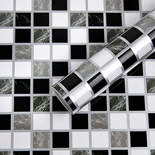 Fantasnight Mosaïque Adhésive Carrelage de Marbre Imperméables pour Salle de Bains et Cuisine, Noir et Blanc Rouleau Adhésif pour Meuble, Carrelage Papier Peint Adhésif Mural 30 x 300cm