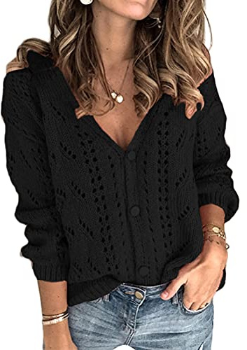 ORANDESIGNE Cardigan in Maglia Donna Tinta Unita Elegante Maglione Maniche Lunghe Cardigan Corto Scollo a V Sexy Bottoni Morbido Elegante Autunno Invernale Sweater Cardigan A Nero XL