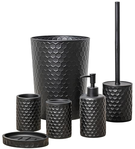 zccz Bathroom Accessory Set, 6 Piece Black Bathroom Accessories Set with Trash Can, Toothbrush Holder, Toothbrush Cup, Soap Dispenser, Soap Dish, Toilet Brush with Holder, Trash Can, Black