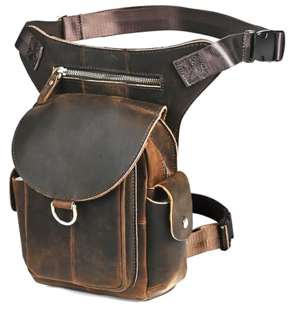 Handadsume Tela Resistente All'acqua + Vera Pelle Moto Equitazione Travel Coscia Borsa per Gambe Marsupio in Vita Per Gli Uomini Donne FB211-8 (X-9938-100% PELLE)