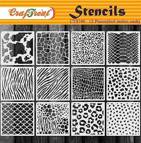 CrafTreat Reusable Animal Skin Set Stencils 6x6 inch (12 pcs) for Painting on Wood, Canvas, Paper, Fabric, Floor, Wall, Tile, DIY Art and Crafts - Animal Skin Stencils